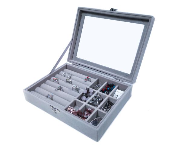 Schmucktablett Schmucklade Schmuckkästchen mit Glasdeckel grau für Ring + 9 Fächer